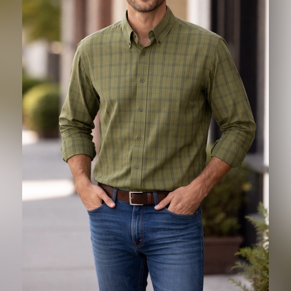 Eddie Bauer Relaxed Fit Cotton Shirt XL Green Plaid Button Down